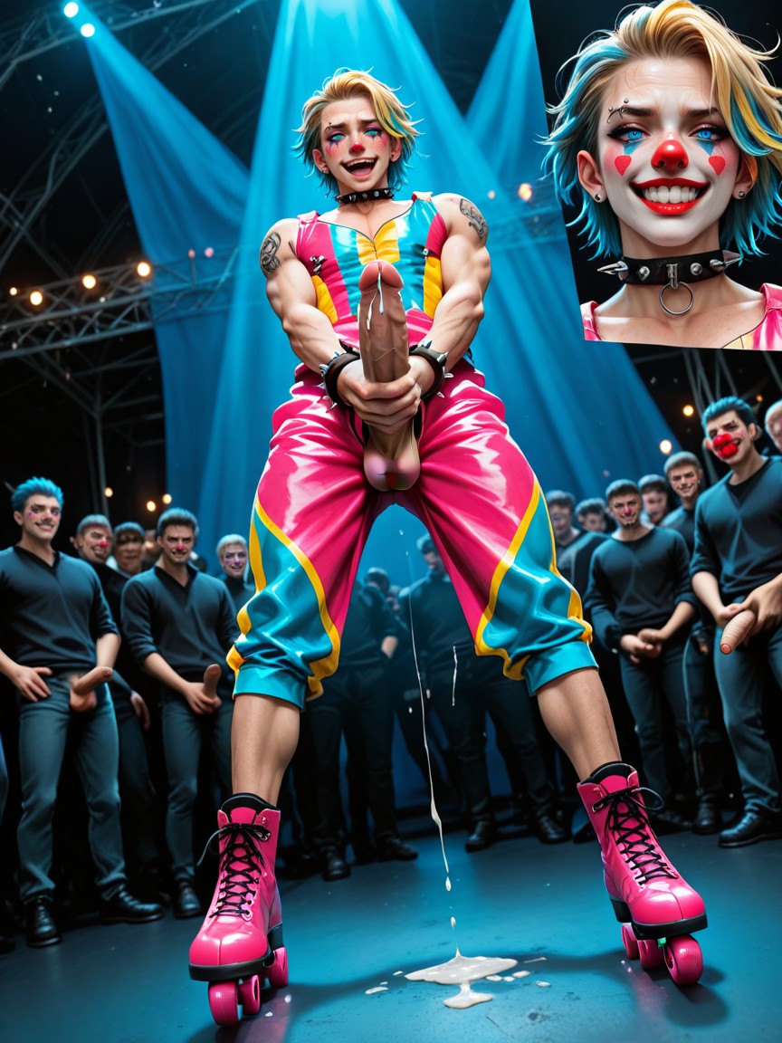 Cum Puddle On Floor, Carnaval, Group Of Clowns Standing In A Circle Around Watching In Background Porno IA Gay