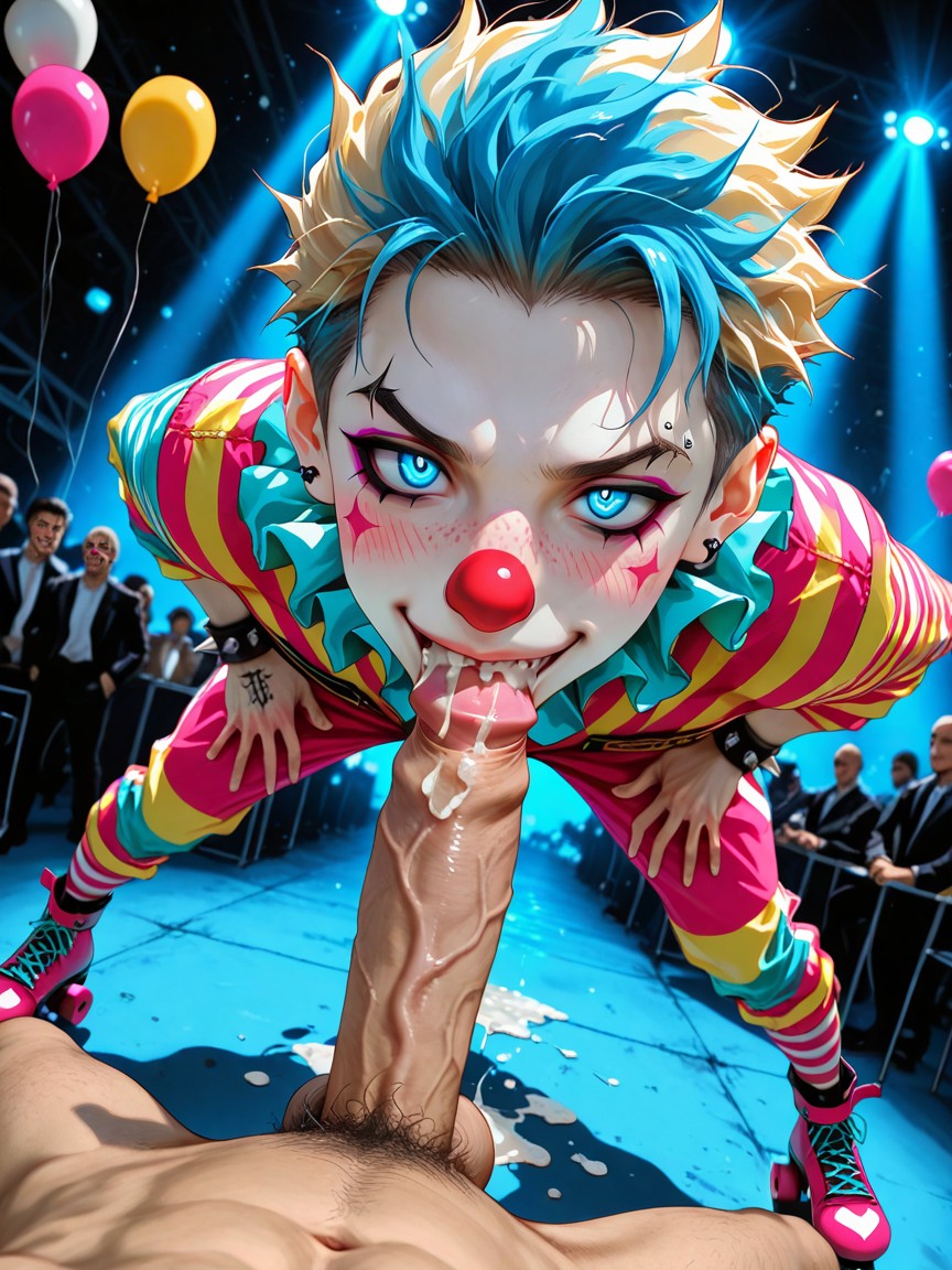 Colorful Clown Jumpsuit With Stripes, Autofellatio, Hairless Body ゲイAIポルノ
