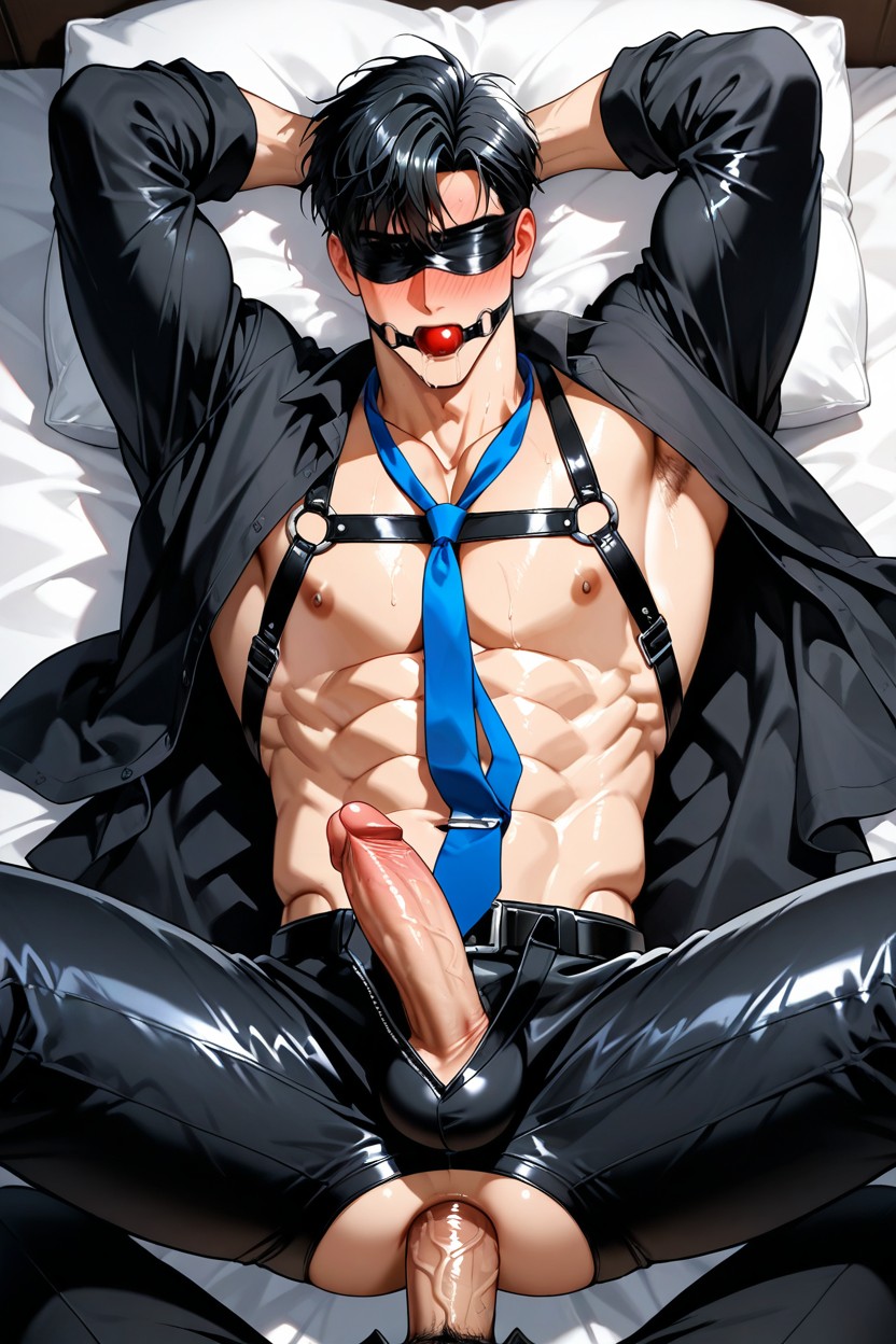 Long Sleeves That Aren't Rolled Up, Black Leather Belt Wrapped Around His Shirt, Open Pants Show Penis Porno IA Gay