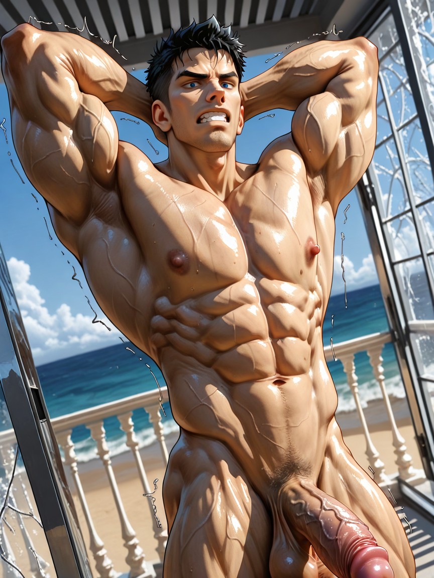Photorealistic, Broad Shoulders, Long Phimosis Half Way Covering Glans Pornografia gay com IA