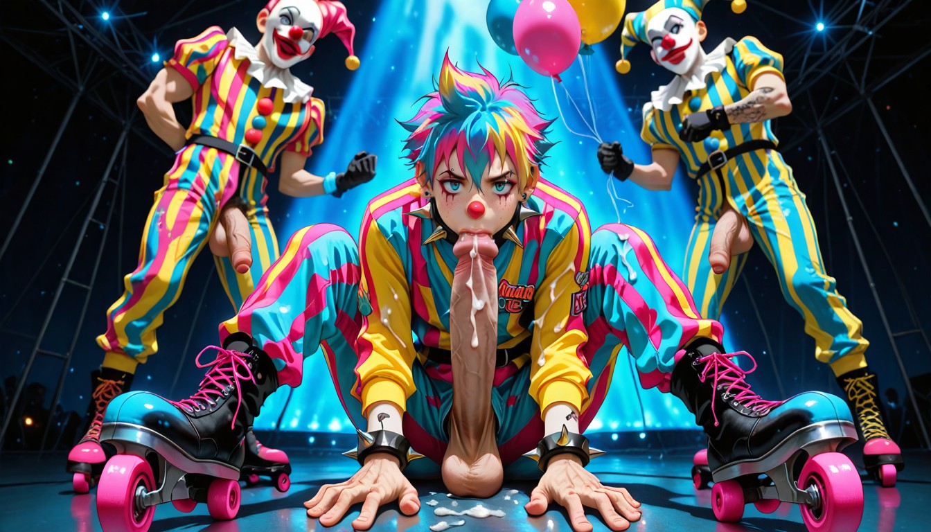 Boyish Guy, One Hand Holding A Balloon On String Circus Tent, Background Dim AI同性恋黄片