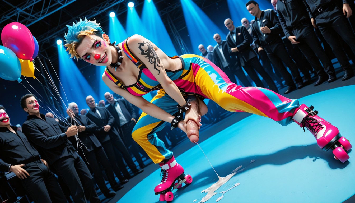 Wearing Pink Clown Nose, One Hand Holding A Balloon On String Circus Tent, Maigre Porno IA Gay