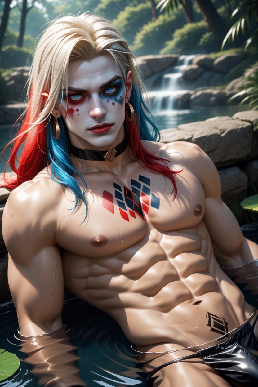 Blue And Red Tattoos, Muscular Shoulders, Cosplay Porno IA Gay