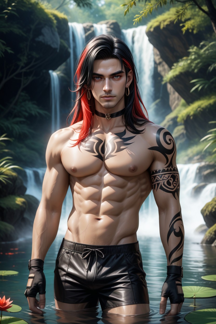 Pale Glossy Skin, Long Hair, Smooth Chest ゲイAIポルノ