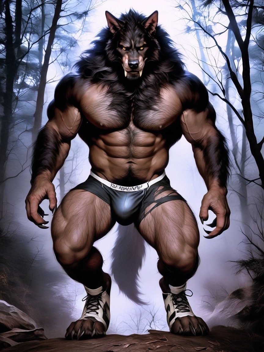 Wide-shot, Hairy Paw-like Werewolf Hands, Thick Body Hair KI Schwulenporno