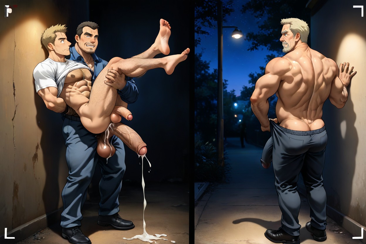 Beitemian Art Style, Mature Man Has Penis Bulge From Gigantic Cock Inside Stomach, Dark ゲイAIポルノ