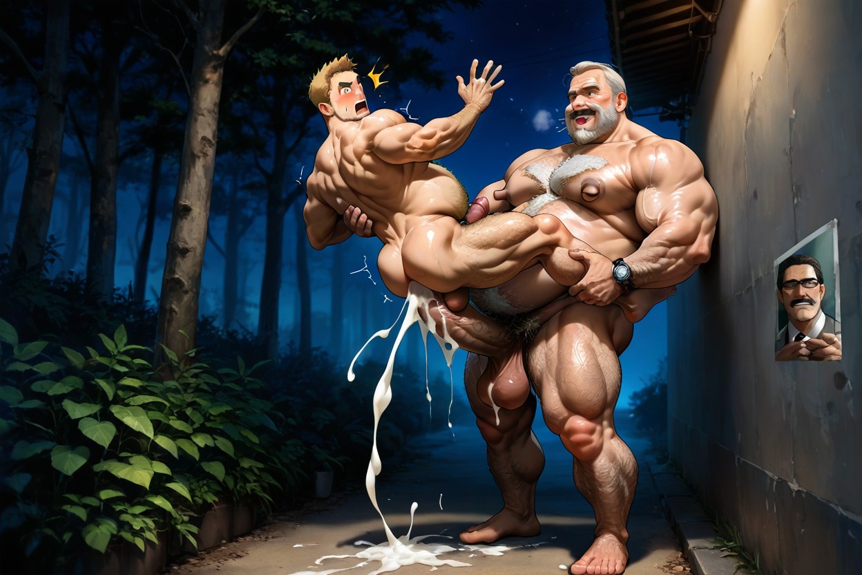 Giant Hairy Daddy Has Gigantic Hard Cock, Mature Man Hard Cock Dripping Thick White Cum, Close Up ゲイAIポルノ