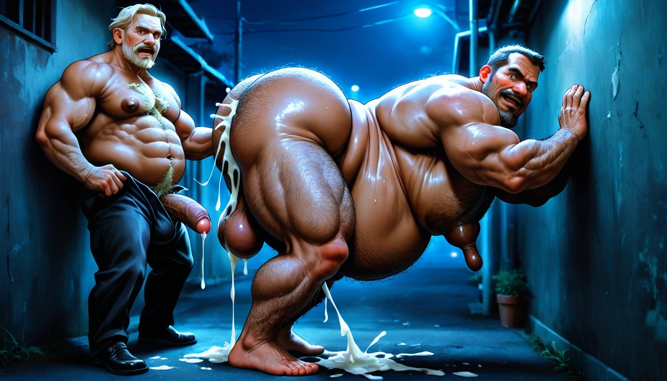 Side View, Mature Man Is Bent Over Presenting Ass And Bracing Against Wall, Dark Pornografia gay com IA