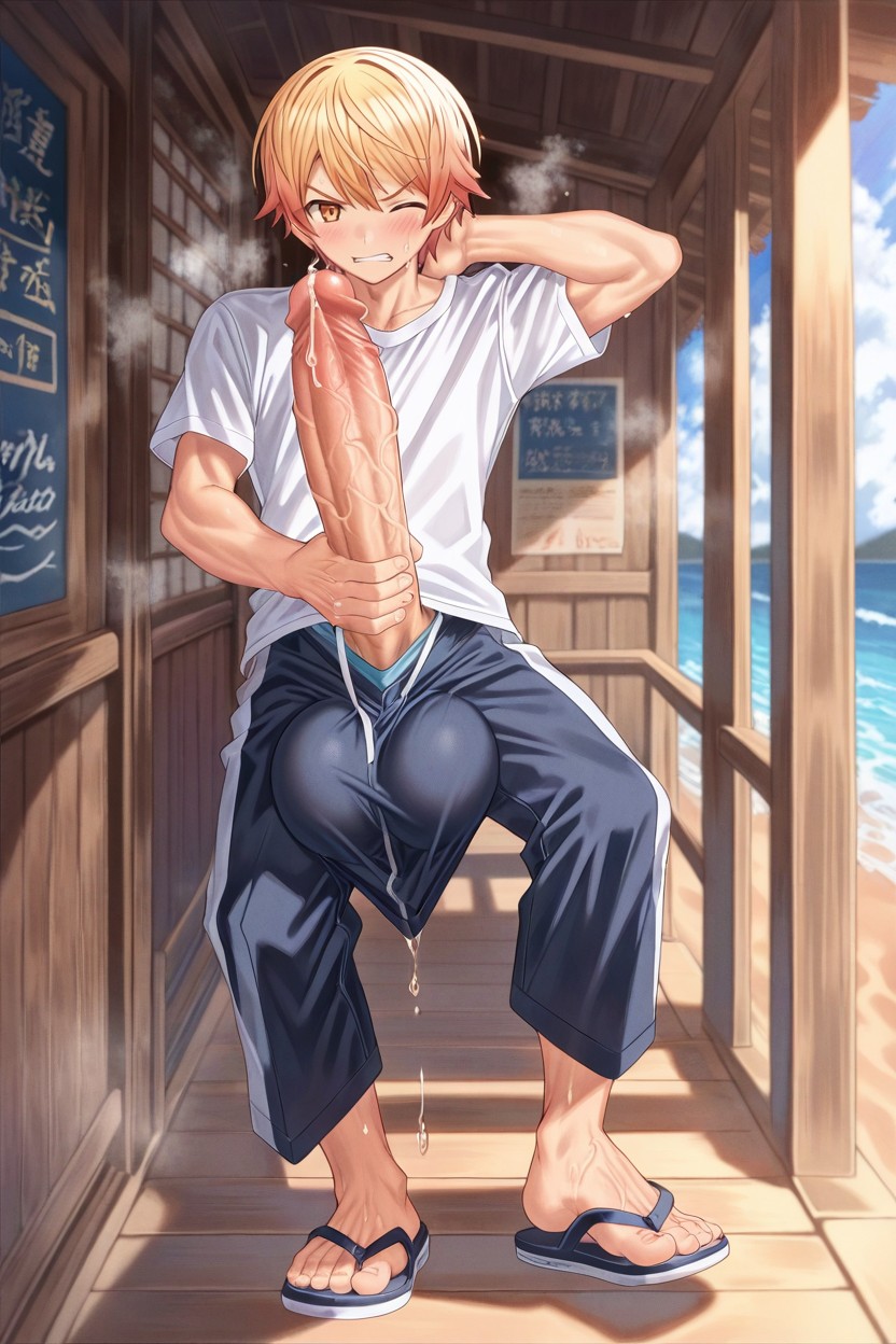 Jerking Off, Beach, Saggy Balls AI Gay Porn