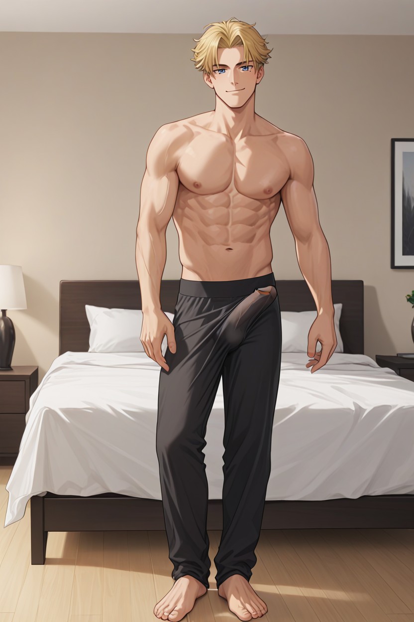 In Bedroom, Transparent Pijama Pants, Shirtless ゲイAIポルノ