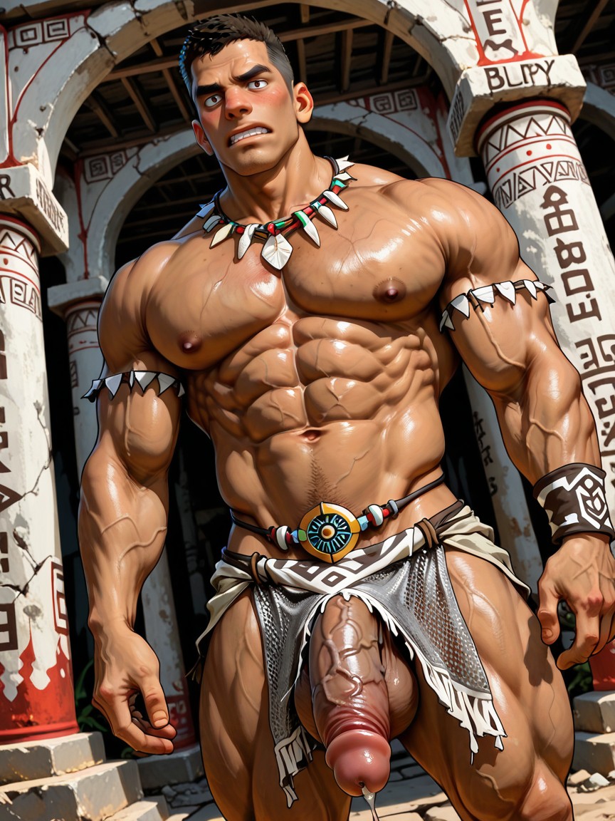 半閉的眼睛, Hyper Matte Smooth Brown Skin Square Broad Jaw, Revealing Silver Mesh Male Tribal Ornate Outfit Jewelry AI同性戀黃片
