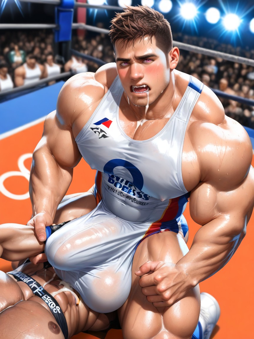Gigantic Uncut Hyper Penis, Gay, White Wrestling Singlet Upward Hyper Boner Bulge ゲイAIポルノ