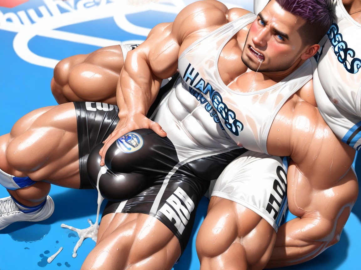 White Wrestling Singlet Upward Hyper Boner Bulge, Uncut Hyper Cock Much Bigger Than Leg, Hyper Muscle Man ゲイAIポルノ