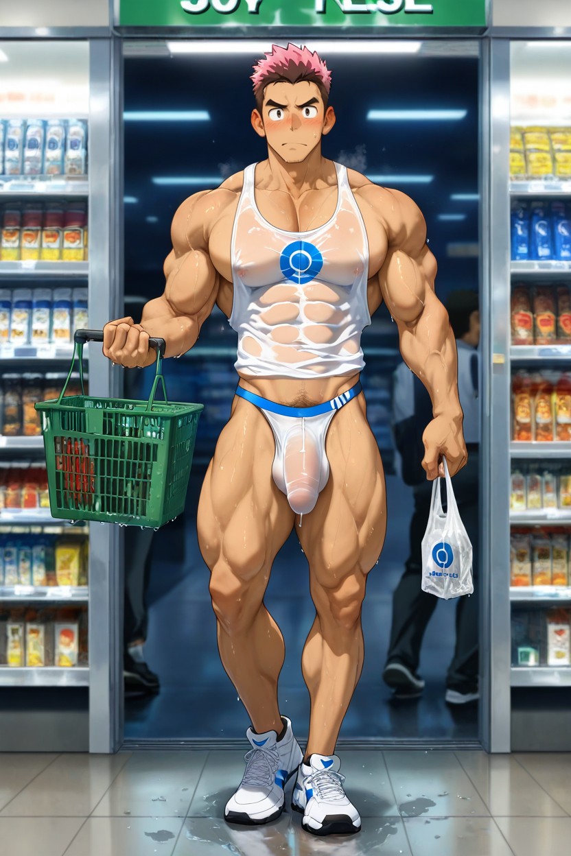 Holding Shopping Basket On Hand, Transparent Thong, Bodybuilder ゲイAIポルノ