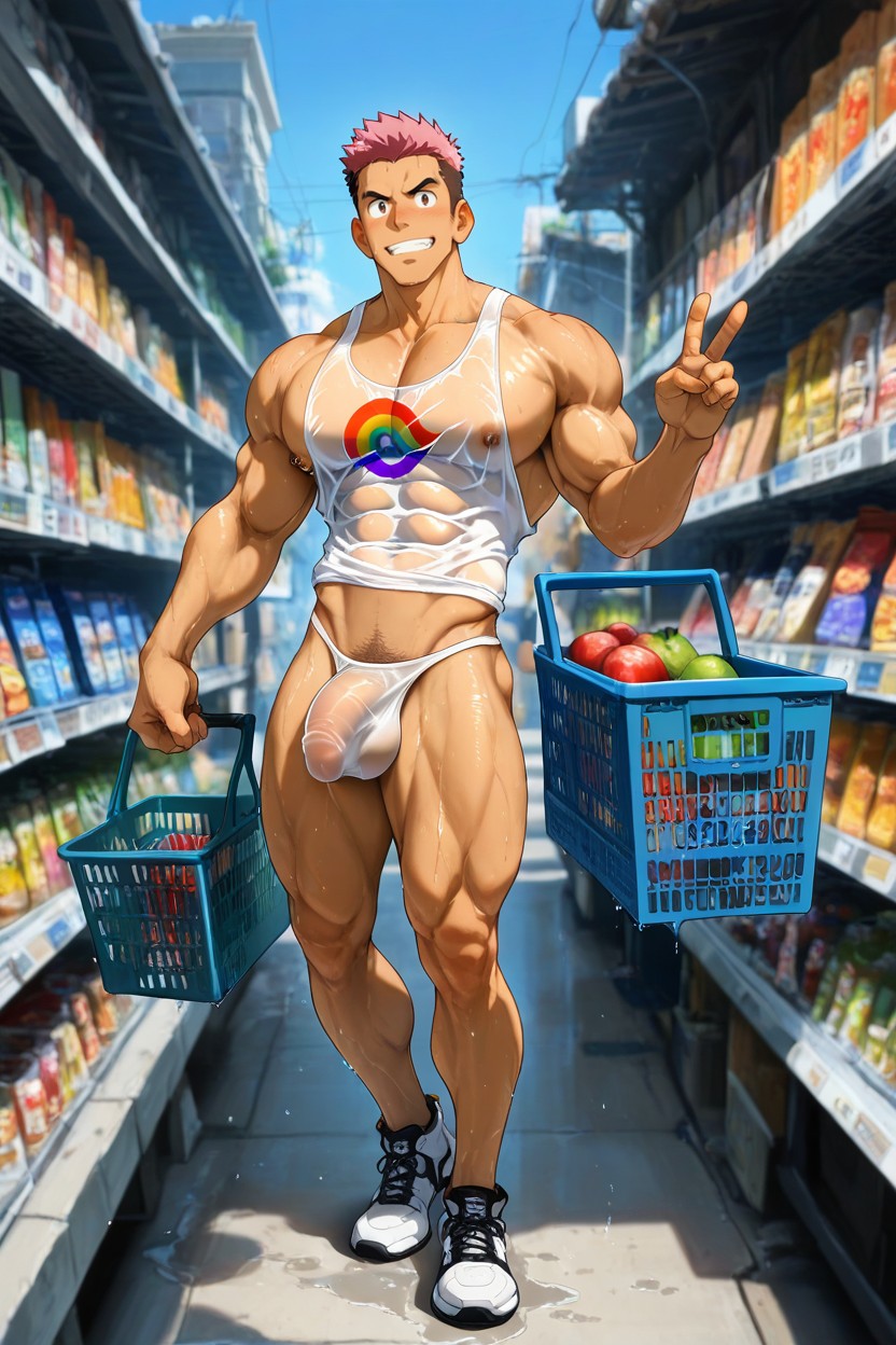 Beitemian Art Style, Nipples Comes Out From Tanktop, Transparent Thong AI Gay Porn