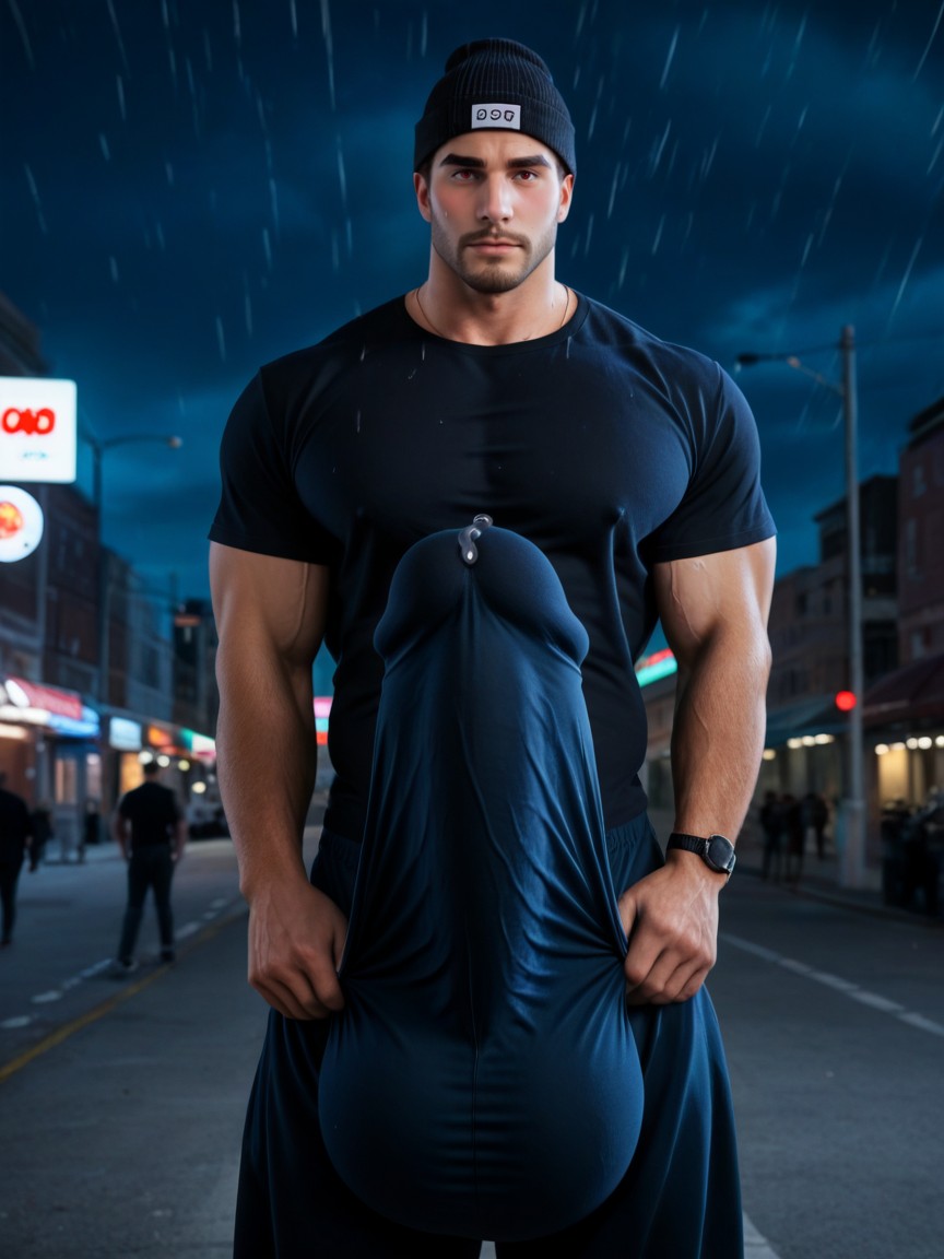 Surreal Absurd Impossible Gigantic Cock Size, Glans Leak Precum Near Neckline, Cock Bulge Bigger Than Body ゲイAIポルノ