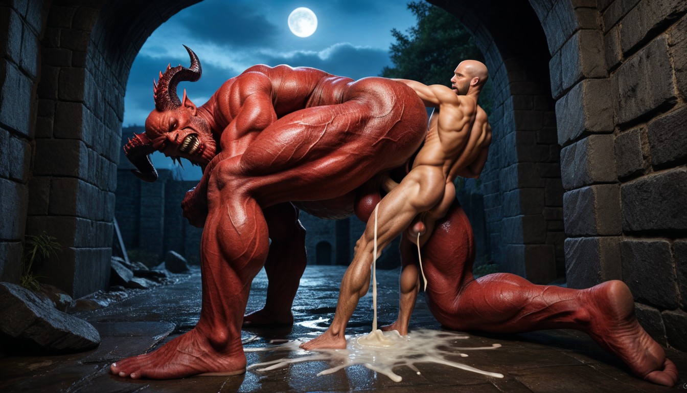 Sweaty Skin, Big Devil Horns, Massive Monster Cock Fills Man Stomach ゲイAIポルノ
