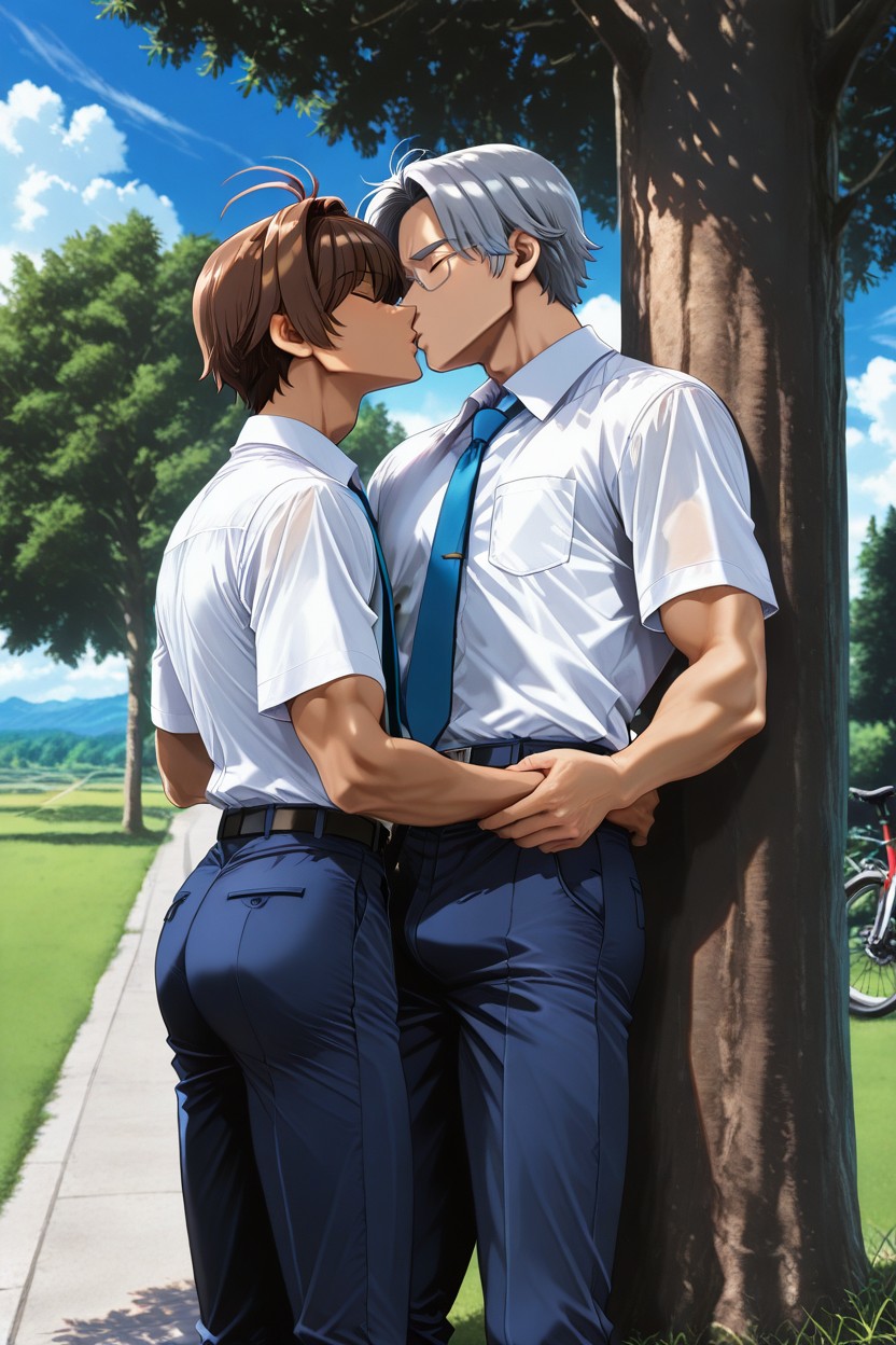 Mens, Light Wind, They Are Kissing Under The Tree ゲイAIポルノ