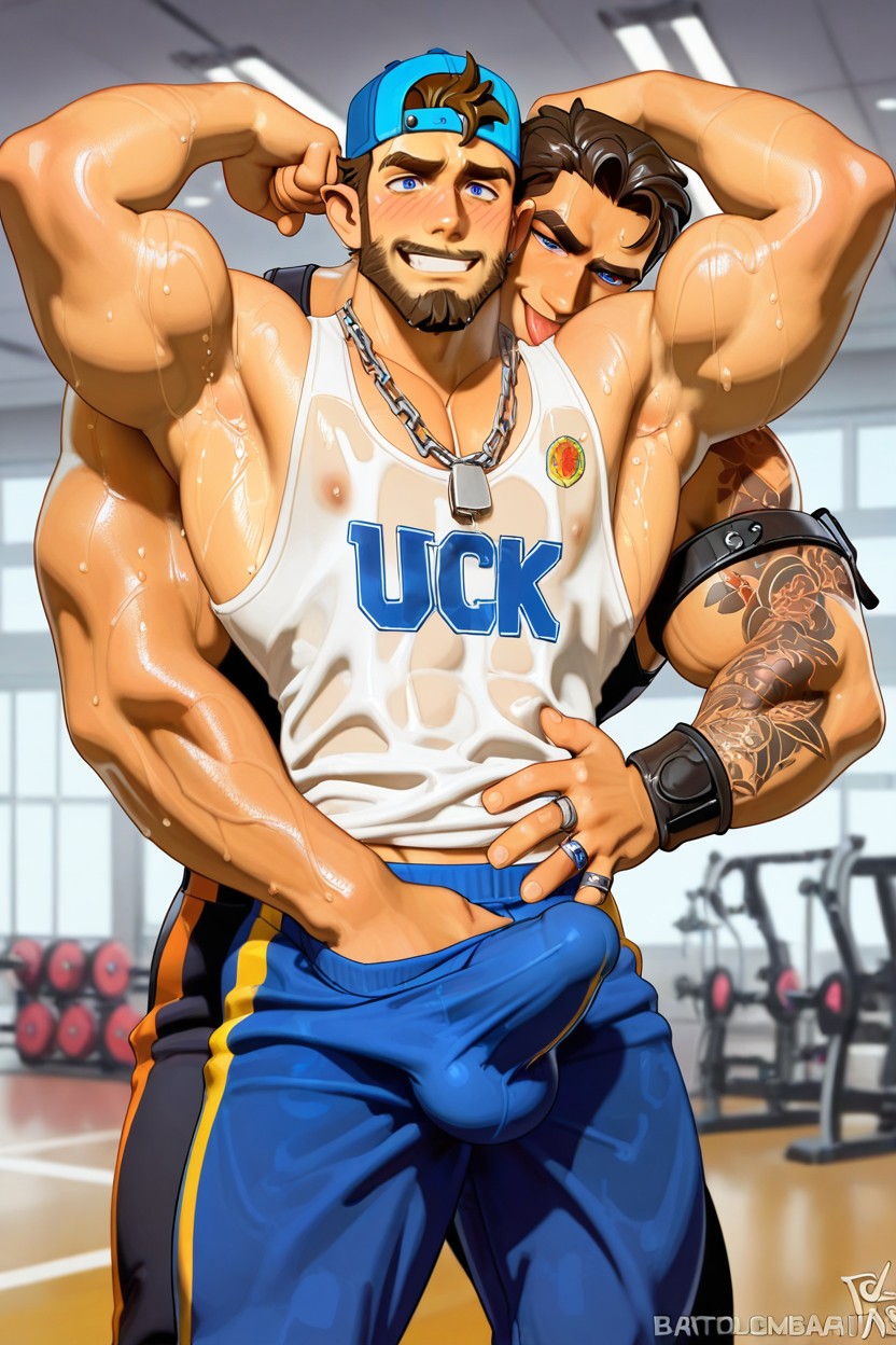 Fit Body, Dark Blue Eyes, Highly Detailed Close Up Sat Fit Athletic Body Blushing Pulled Pants Expossing Bulge 게이 AI 포르노