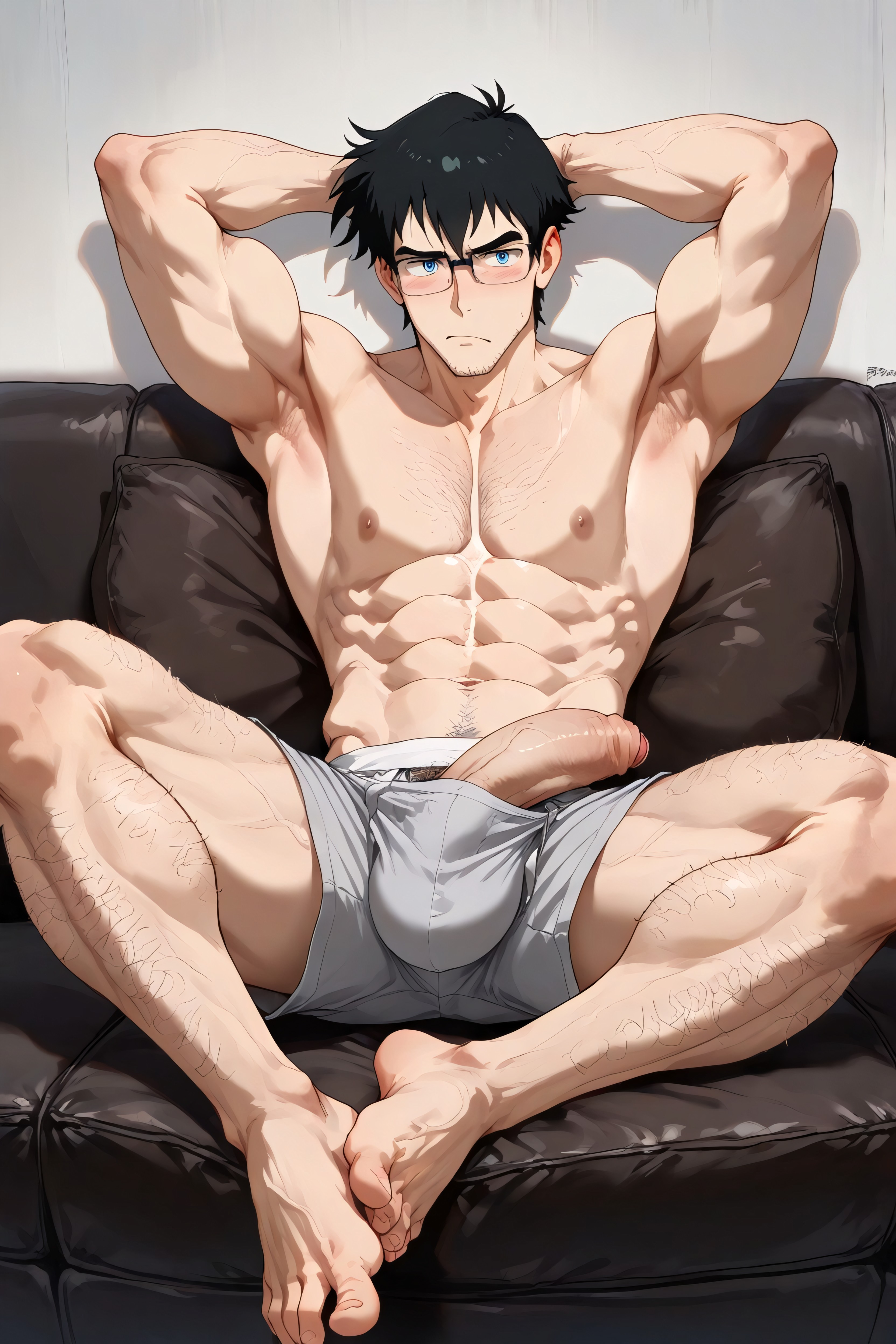 Gray Boxers On, Long Foreskin, Spreading Legs AI Gay Porn