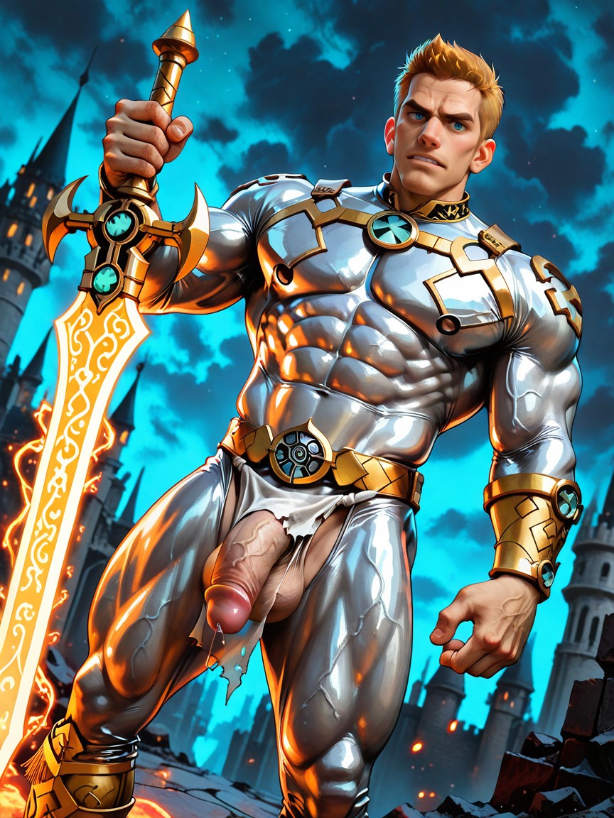 コスプレ, 巨大なペニス, Ornate Silver Bracers On His Forearms ゲイAIポルノ
