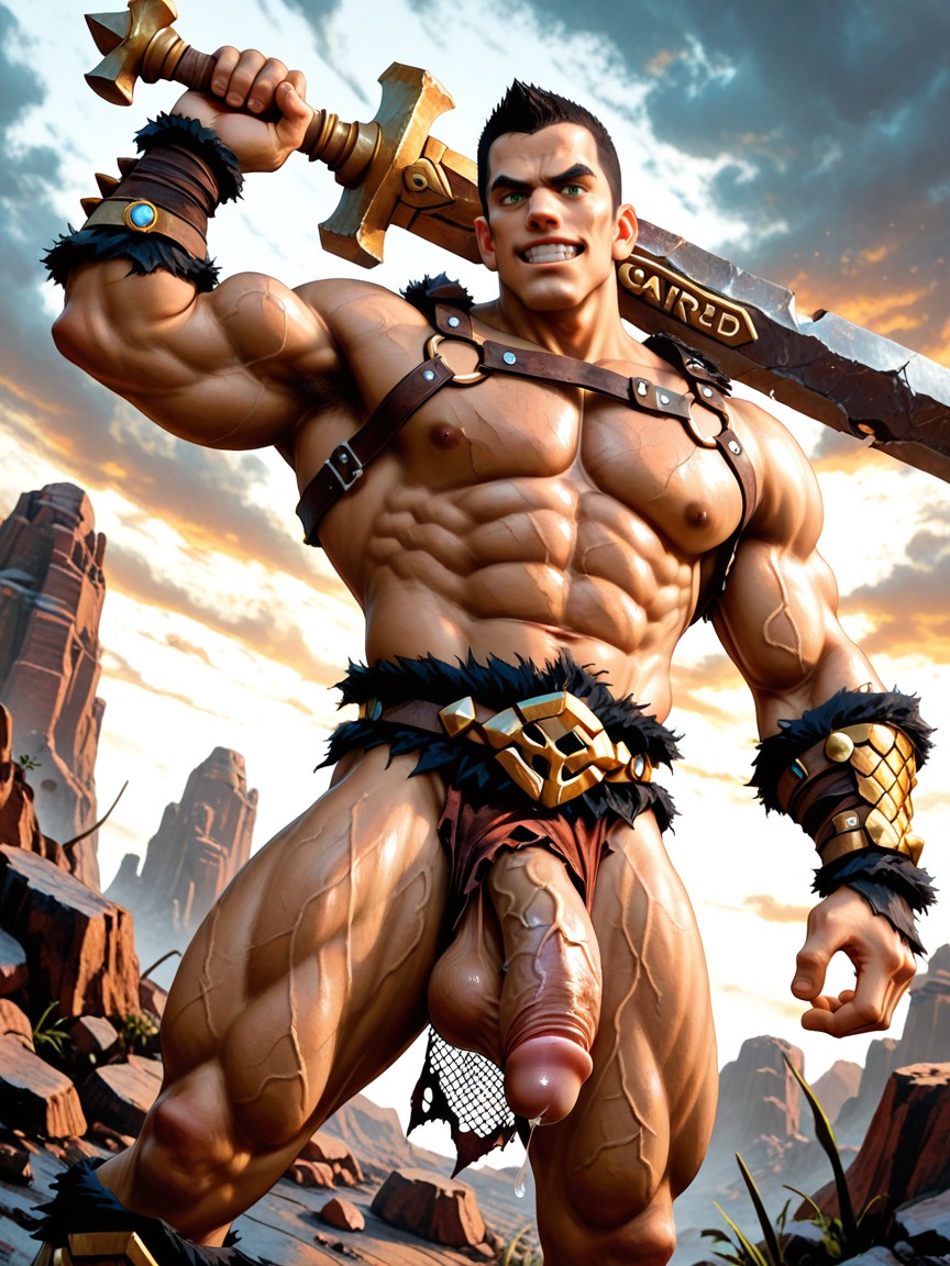 Exposing Pecs, Abs, Revealing Mesh Leather Loincloth KI Schwulenporno