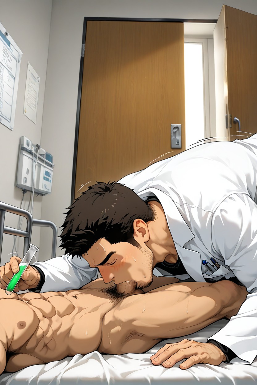 Hospital Bed, Wooden Door, Stubble 게이 AI 포르노