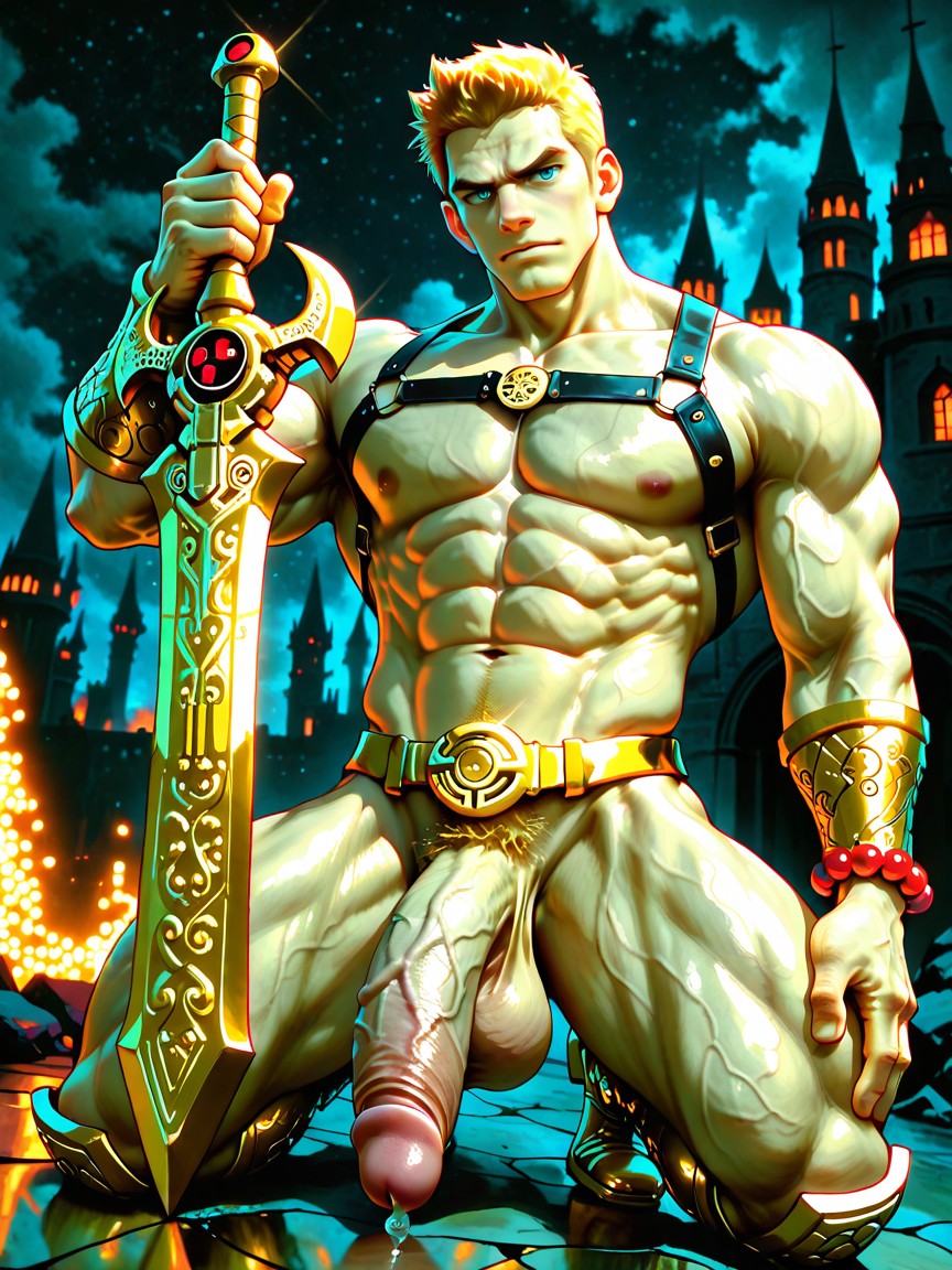 Tête Rasée, Holding Up An Ornate Magic Sword, Solo Bara Pale Male Only Porno IA Gay