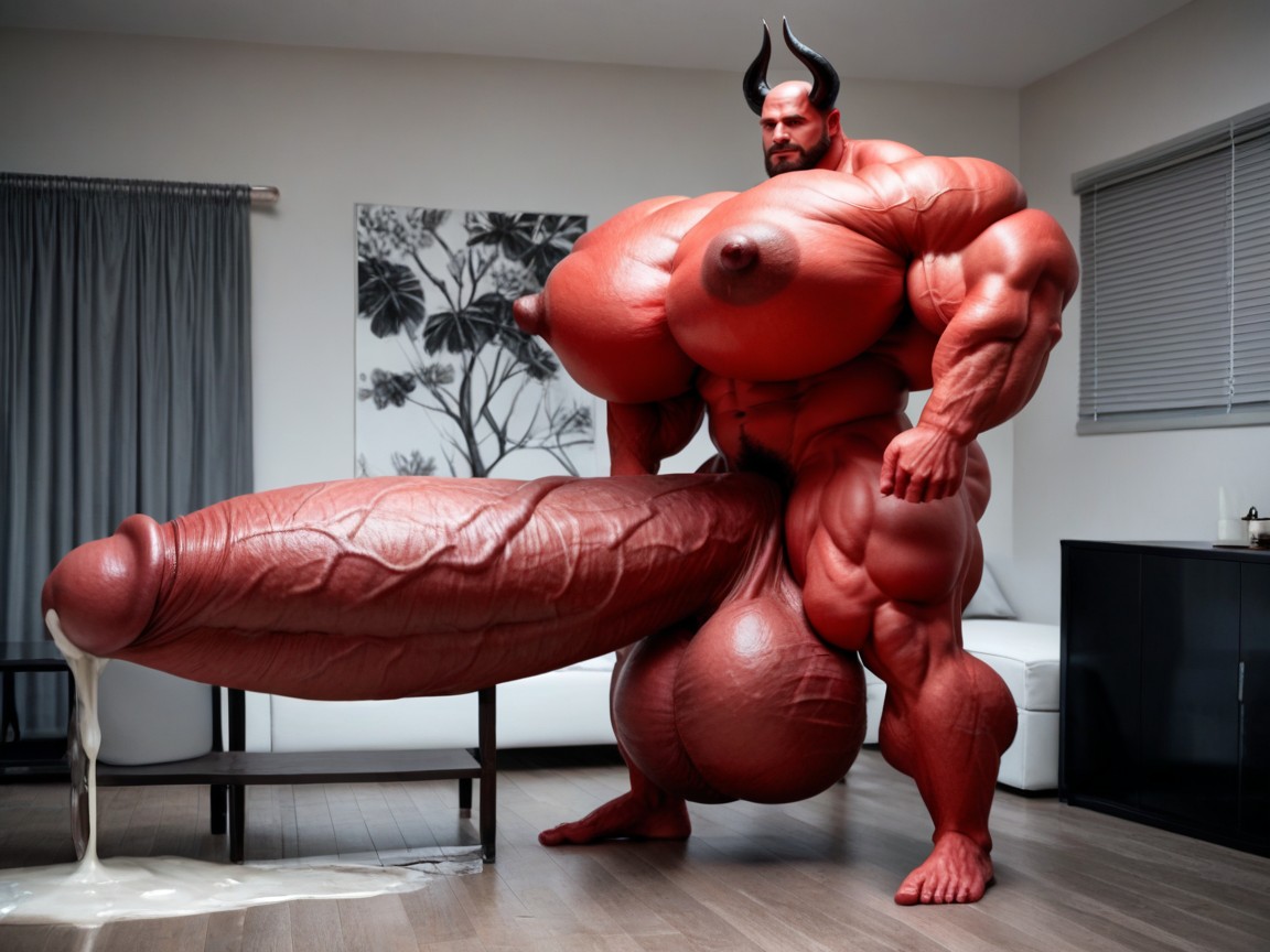 Hyper Puffy Cock, Oversized Hyper Gigantic Balls, Red Devil AI Gay Porn