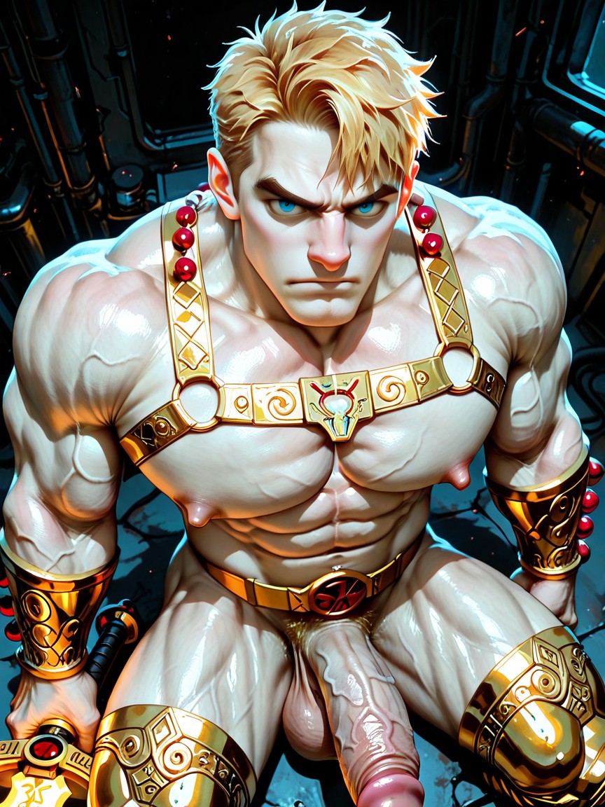 Yeux Bleus, Holding Up An Ornate Magic Sword, Tête Rasée Porno IA Gay