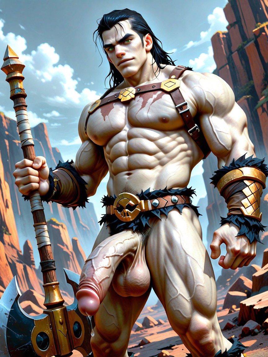 Leather Straps On His Forearms, Golden Chest Harness, 薄い肌 ゲイAIポルノ