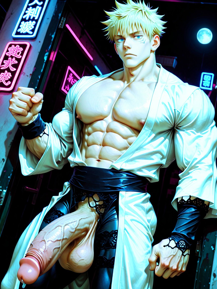 Redgartstyle, Naked Hunky Humongous Male Go-go Dancer Bodybuilder, Standing At Strip Club Entrance Door ゲイAIポルノ
