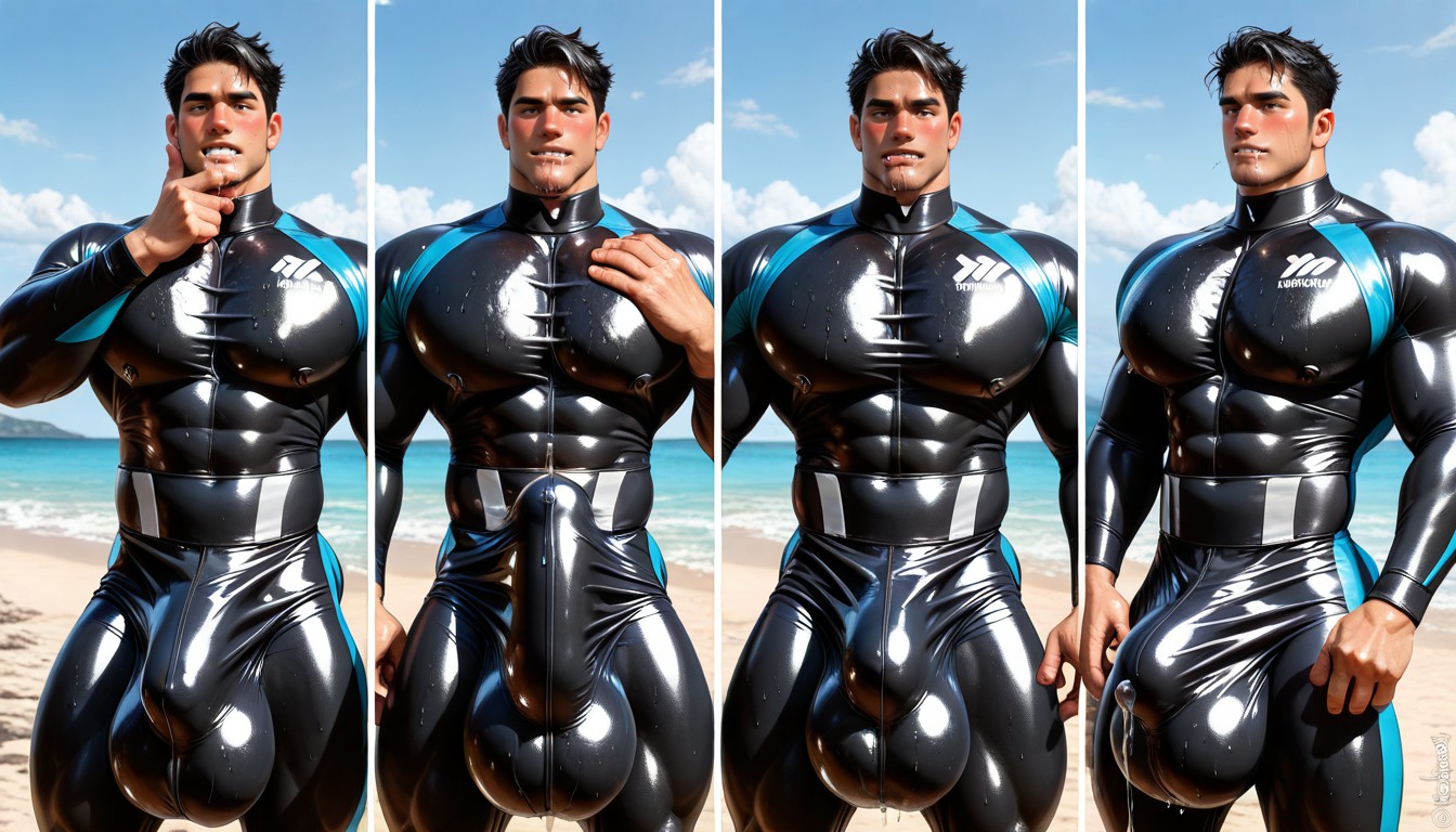 Praia, Drooling, Giant Hyper Glans With Precum Near Chin Pressed Against Chest Pornografia gay com IA