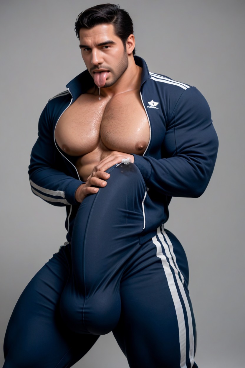 Cock Bulge Between Pecs, Fully Upright Erection On His Chest, Giant Glans Reaches His Mouth Porno IA Gay