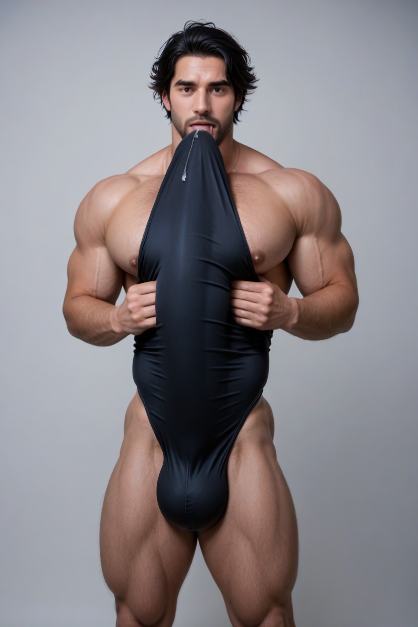 Solo, Giant Glans Bulge With Precum Near Chin Pressed Against Chest, Licks Own Cock Tip Porno IA Gay