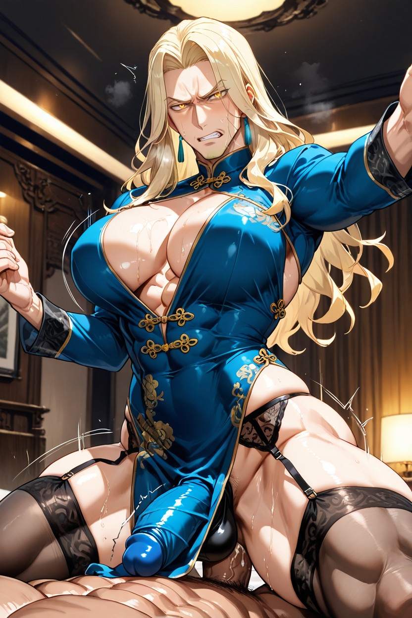 Huge Erect Penis Exposed And Sticking Out From Under Qipao, Sharp Masculine Face, Yaoi AI同性戀黃片