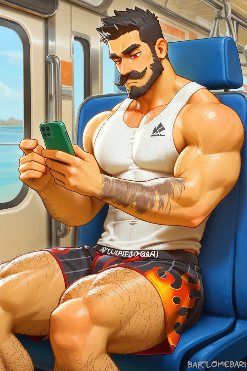 Bored Expression, Beard, Sitting AI Gay Porn