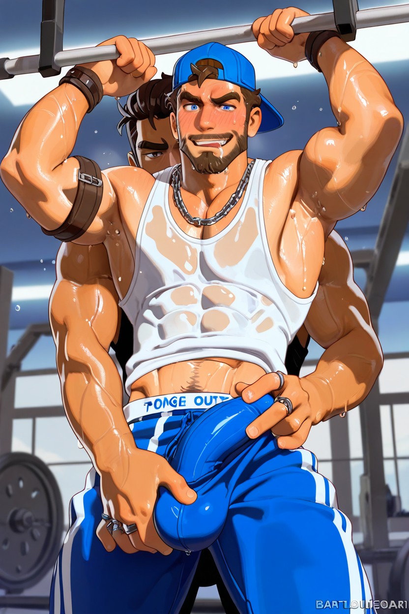 Blushing, Hug With Hands On Waist Hand Under Tanktop, Facial Hair ゲイAIポルノ