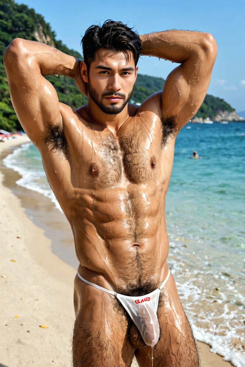 With Lots Of Hair On Erect Nipples, Muscle Definition, Detailed See-through Thong AI Gay Porn