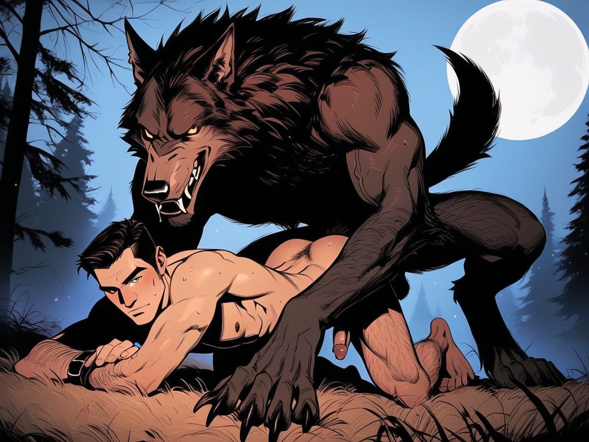 Viewed From Behind, The Top Werewolf Is Thrusting His Penis Deeply Inside Of The Bottom Werewolf Annus, 後方からの視点 ゲイAIポルノ