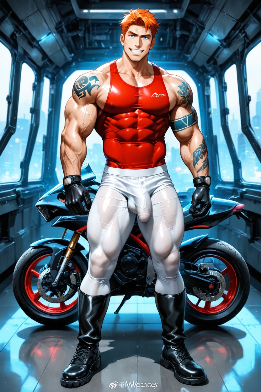 With Black Motorcycle Gloves, 普通のお尻, 前髪 ゲイAIポルノ