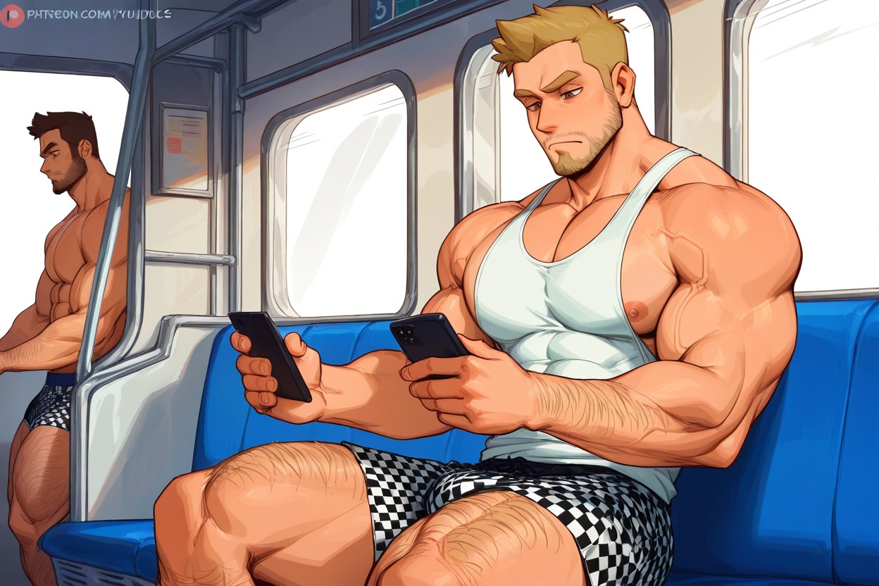 Holding Black Smartphone, Strong Male, Blonde Hair AI Gay Porn