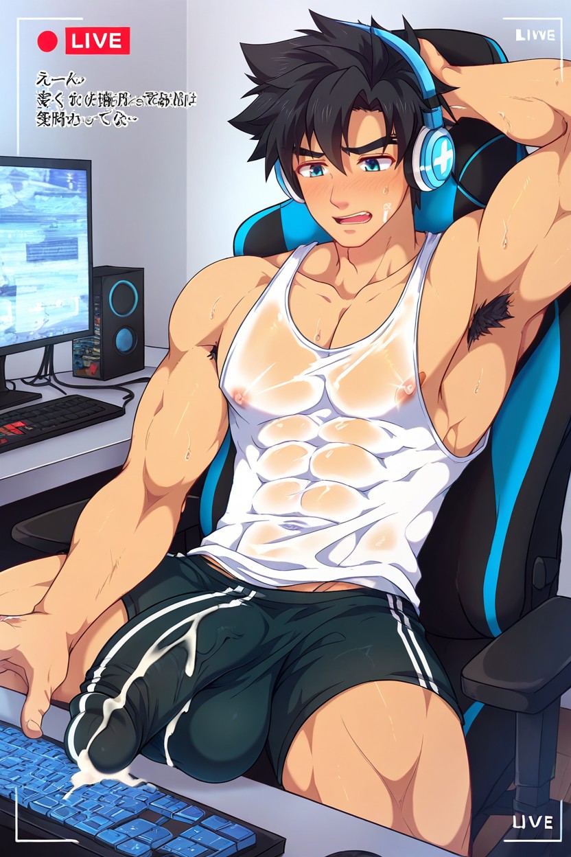 White See Through Wife Beater Tank Top, Wearing Headphones, Massive AI Gay Porn