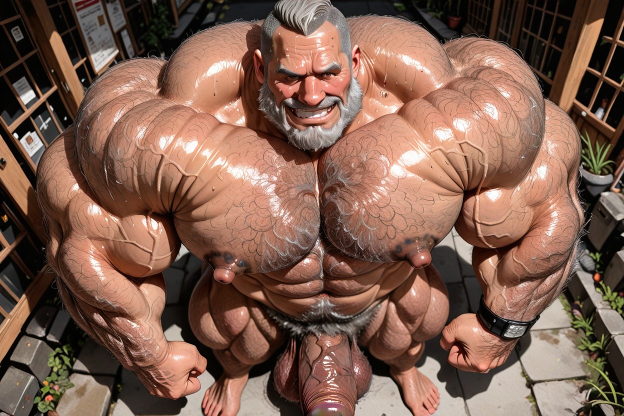 Extreme Hairy Body, Very Thick Bushy Chest Hair, Selbstgefälliger Ausdruck KI Schwulenporno