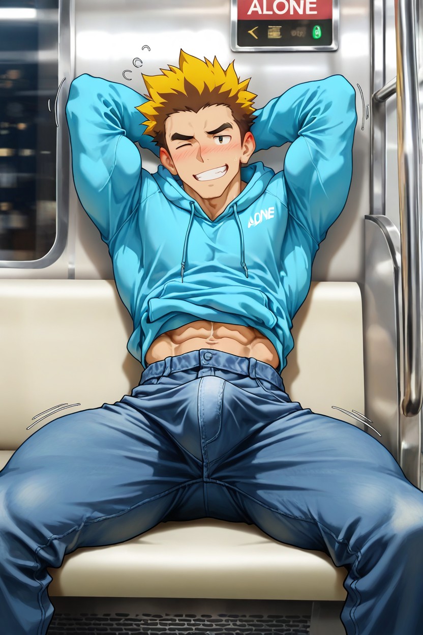 Hand-sized Waist, Motion Lines, Hands Inside Underwear Masturbating ゲイAIポルノ
