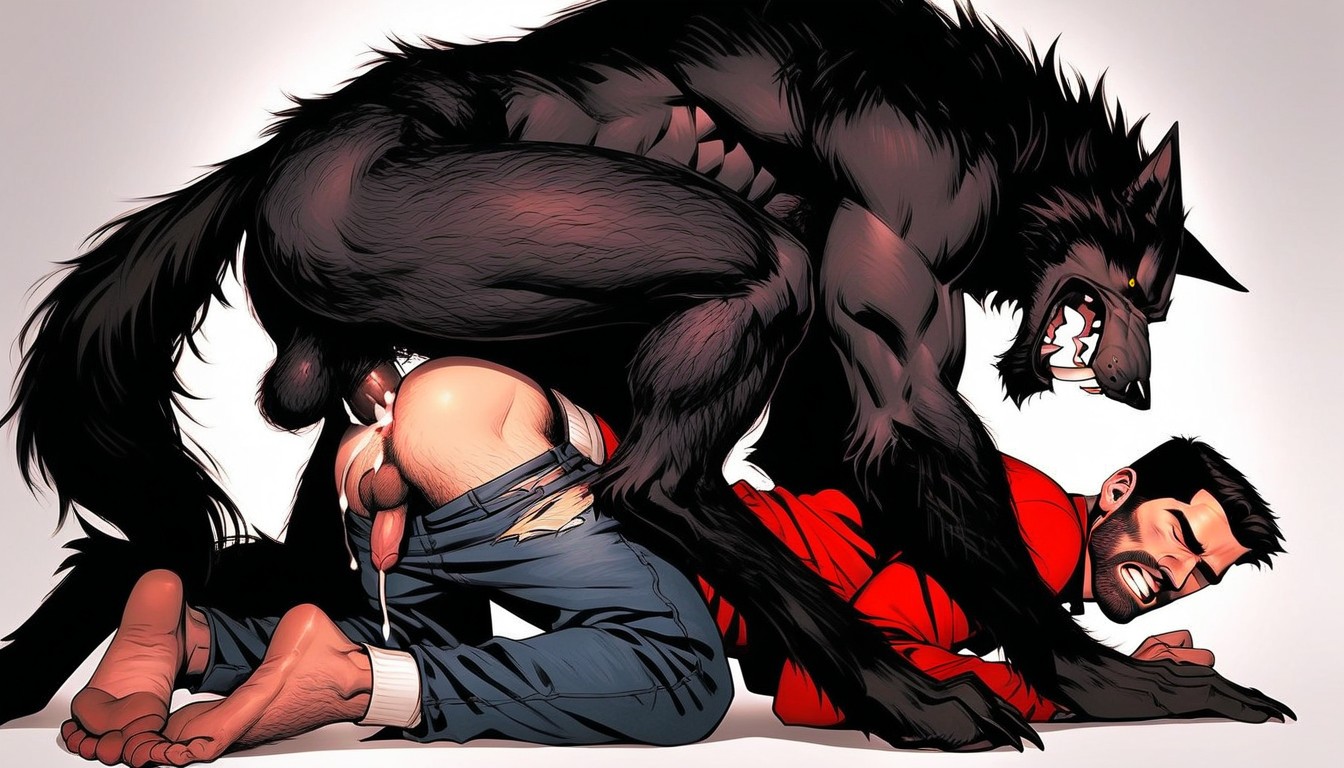Werewolf Has Thick Black Fur, Massive Muscular Werewolf Large Hair Covered Chest Muscles, Clenched Teeth AI Gay Porn