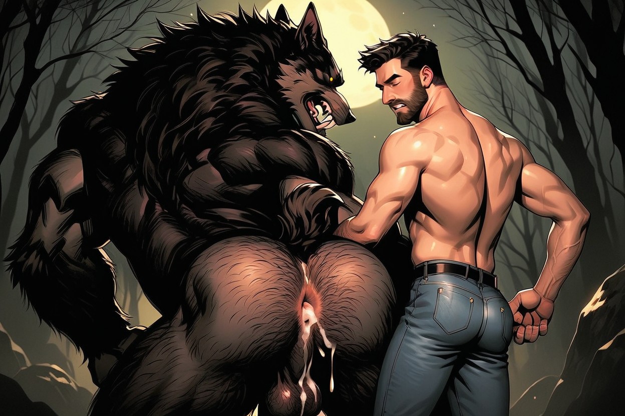 2 People, Red Werewolf Penis, Werewolf Has Hairy Muscular Legs AI Gay Porn