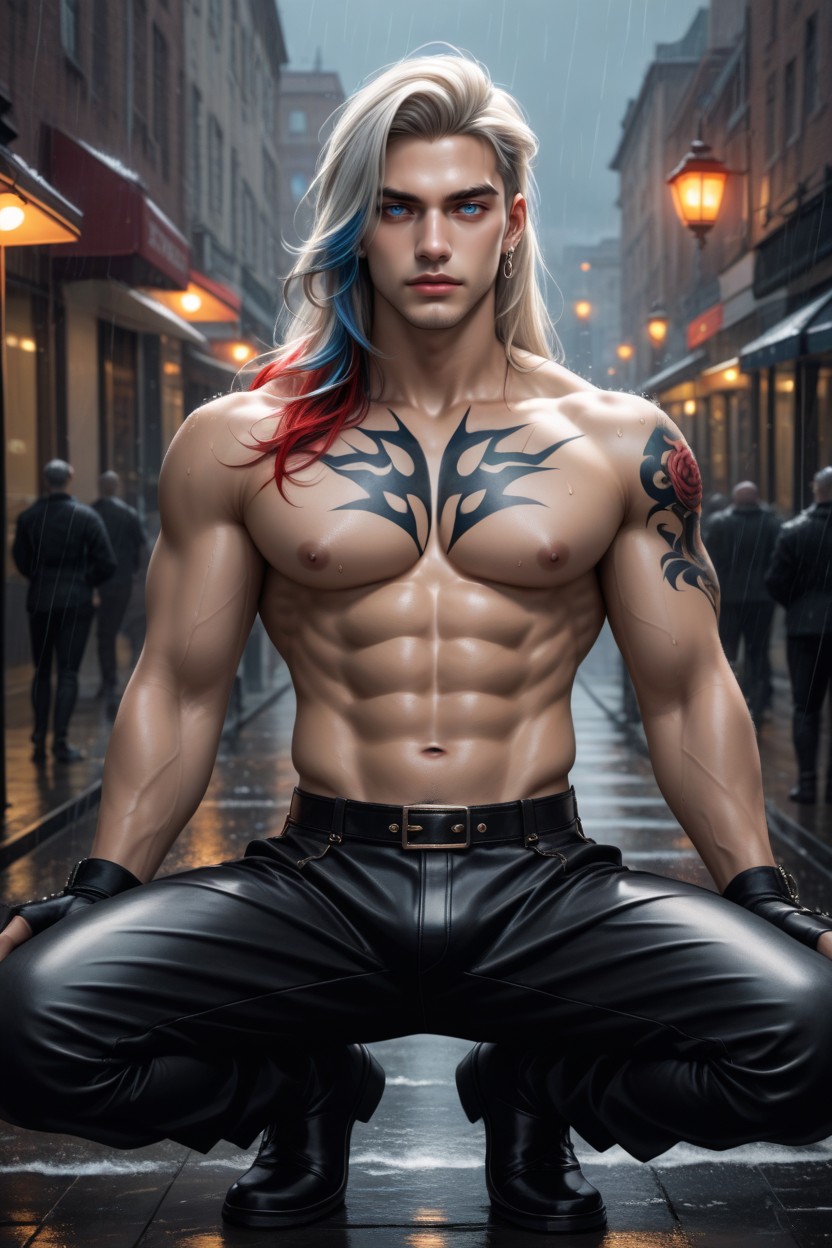 Red Highlights, Visible Abs, Platinum Blonde Hair ゲイAIポルノ