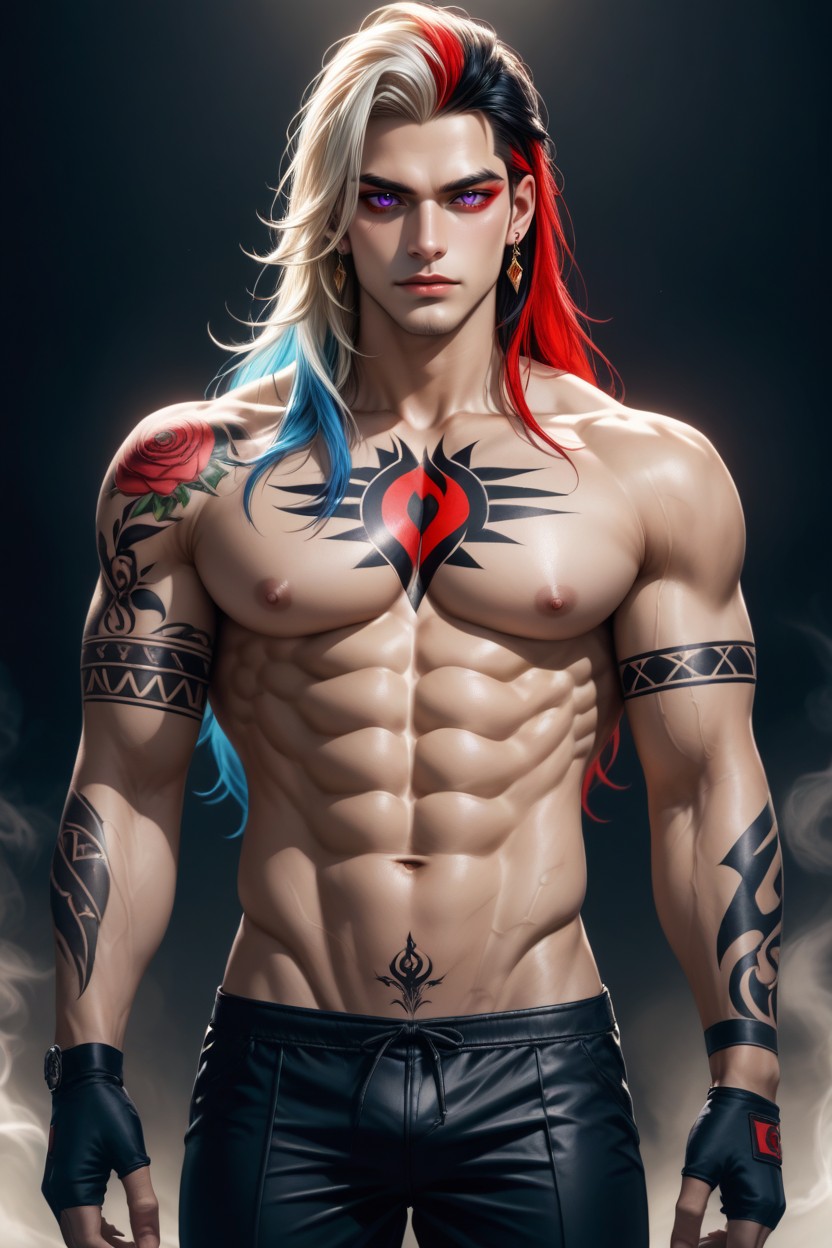 Arm Tattoos, Well-defined Abdominal Muscles, Long Hair AI Gay Porn