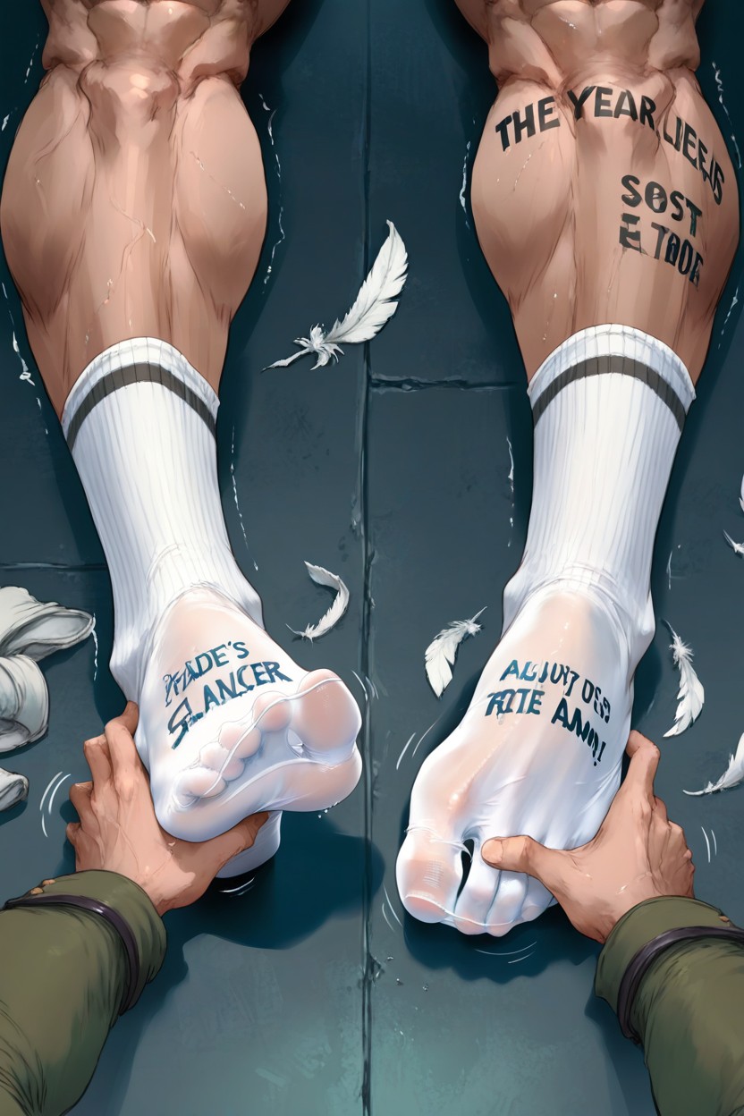 Hands Scratch White Socks Feet, Nerd Head Between Feet Black Messy Hair, Armpits Licking Detailed Scene Porno gay IA
